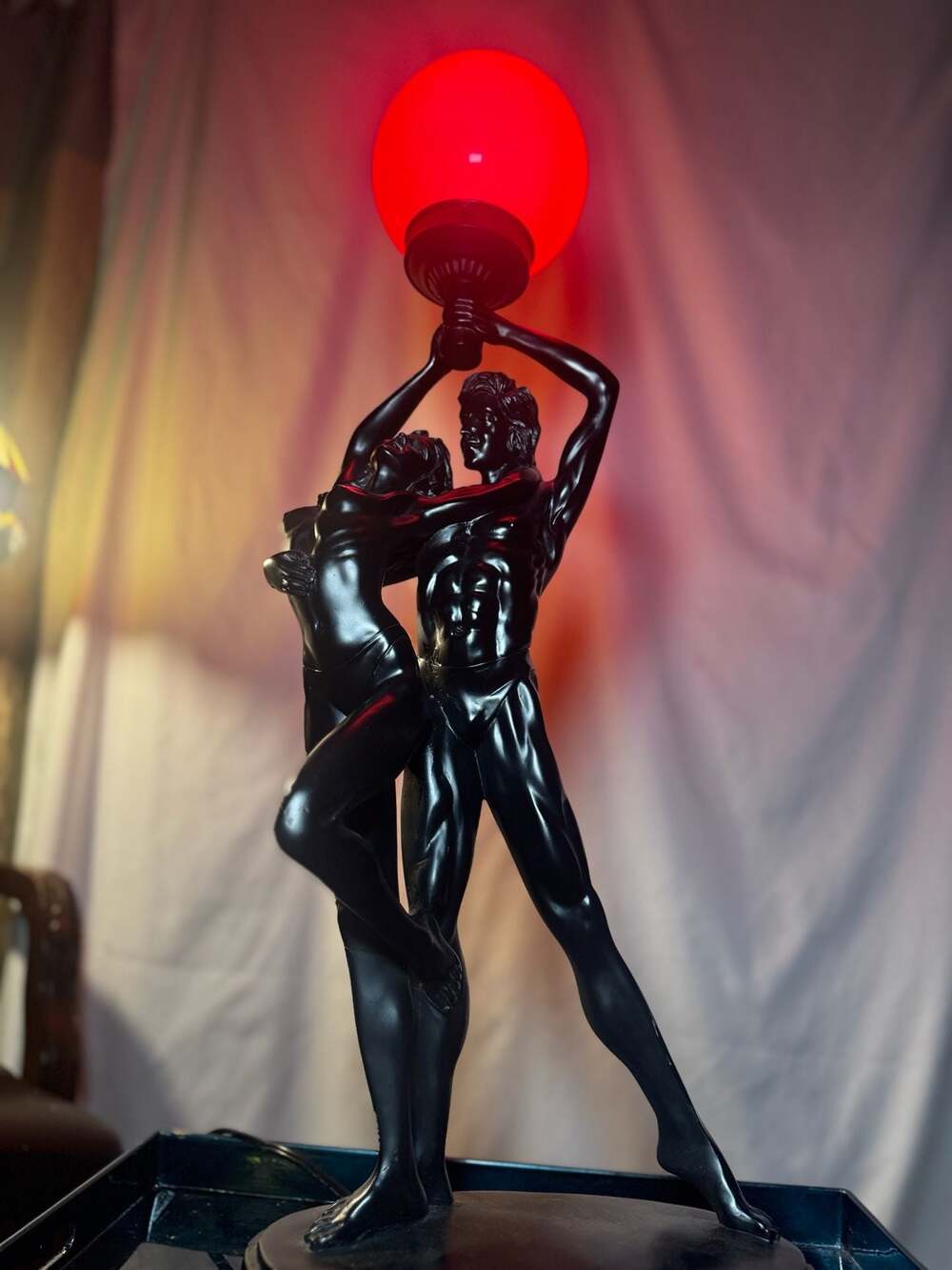 Vintage Art Deco 32” Black Resin on Wood Table Lamp, Man & Woman Tango Dancing -